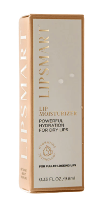 A single white tube of lipsmart with gold writing sitting beside a gold box